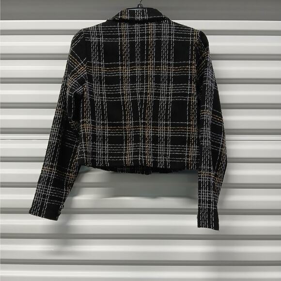 Slate & Willow Classic Plaid Tweed Blazer Womens Small Black Cropped Jacket - Picture 4 of 11